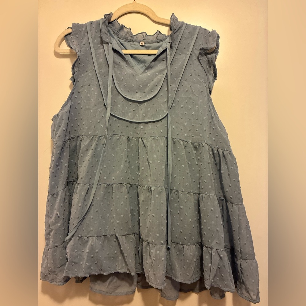 Sleeveless Swiss Dot Tiered Tunic Top - Dusty Blue